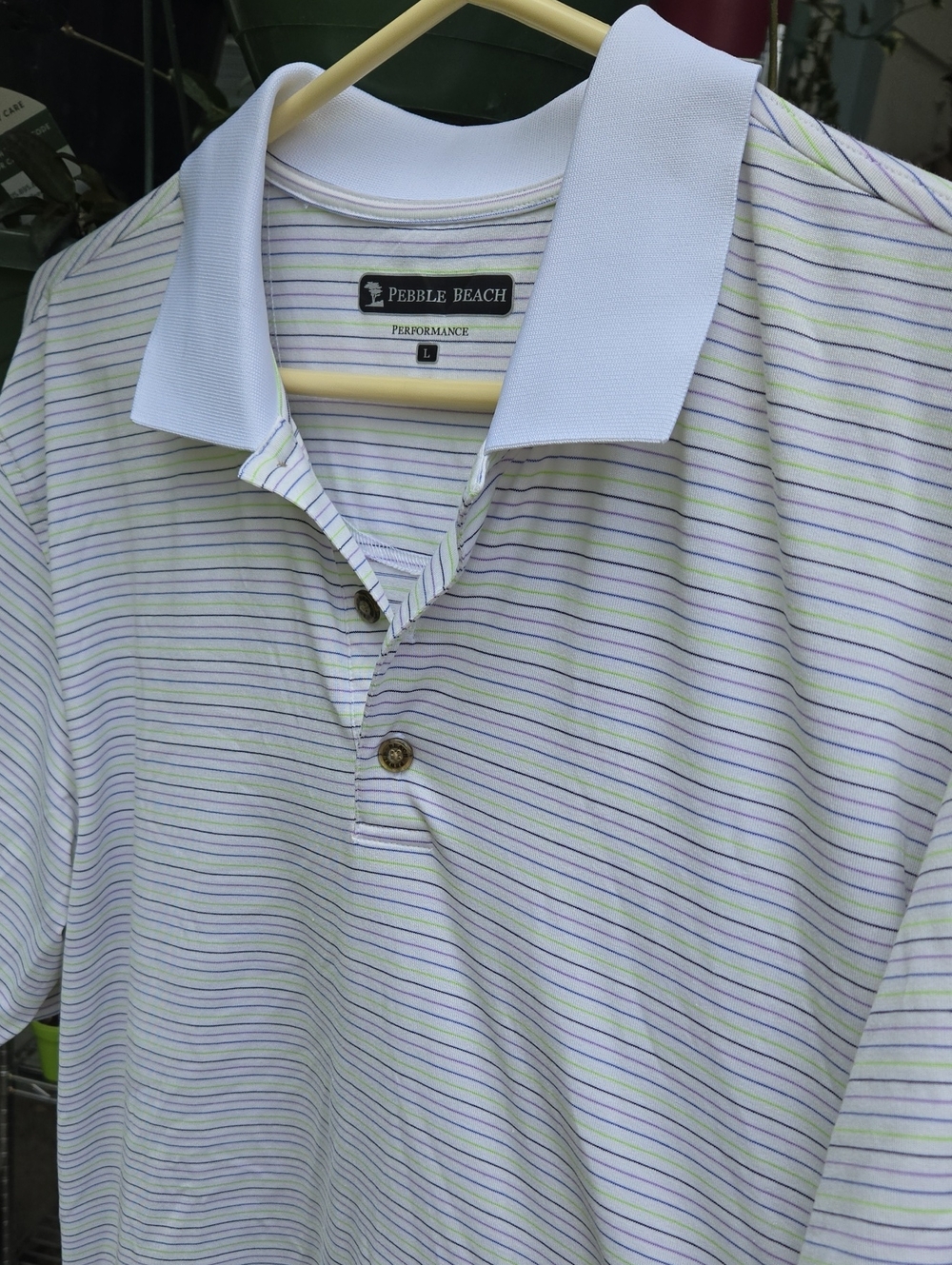 Pebble Beach Men's White Polo with Green & Blue Stripes. (BIN 004)